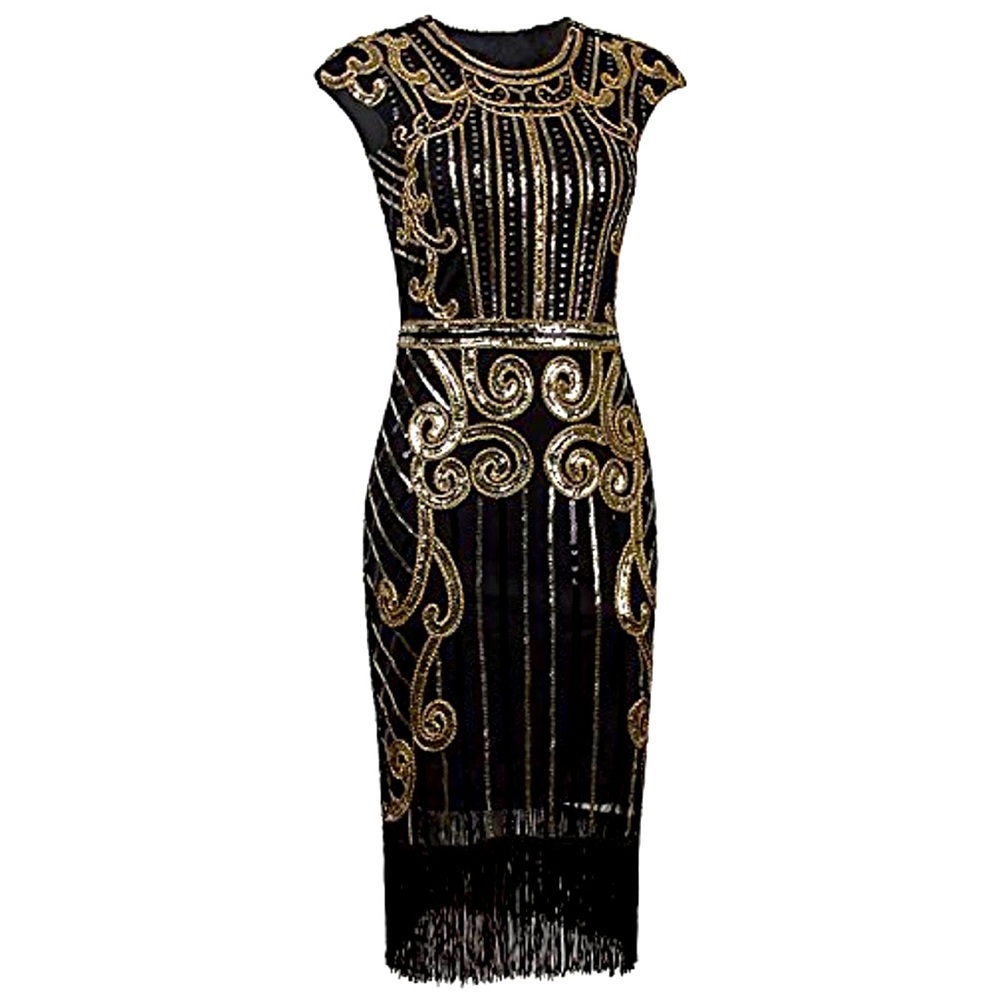 1920’s inspired black gold Sequin Embellished Fringe Long Gatsby Flapper Dress
